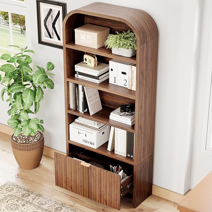 LEVNARY Arched Bookcase with Drawer, 70" Tall 5-Tier Bookshelf with Fluted Carved Drawer, Freestanding Display Storage Cabinet for Living Room Bedroom Home Office (Walnut)