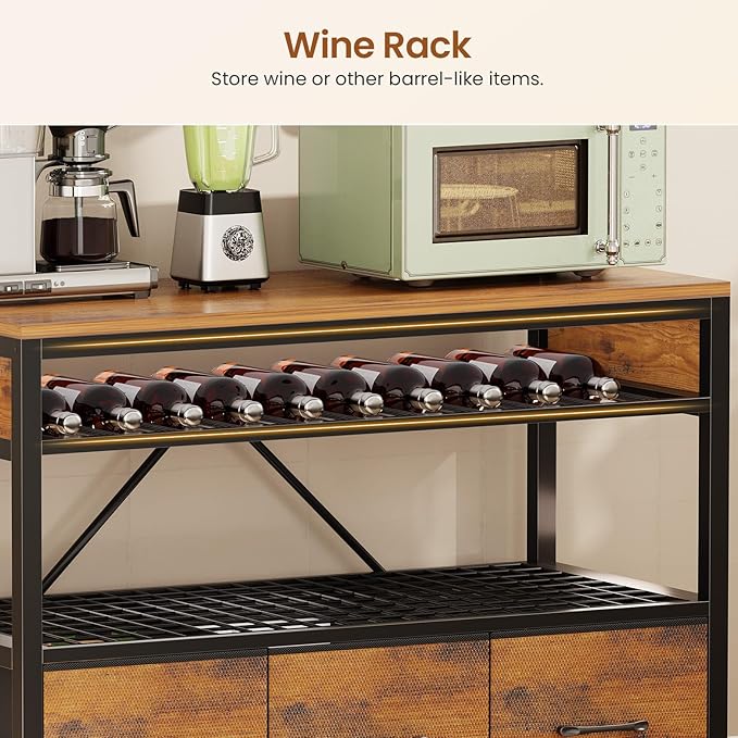 Itaar Bakers Rack with Storage and Power Outlet, 35.4 inch Coffee Bar Cabinet, Microwave Stand Kitchen Cabinet with Hutch, LED Lights, Wine Rack and Hooks, Rustic Brown