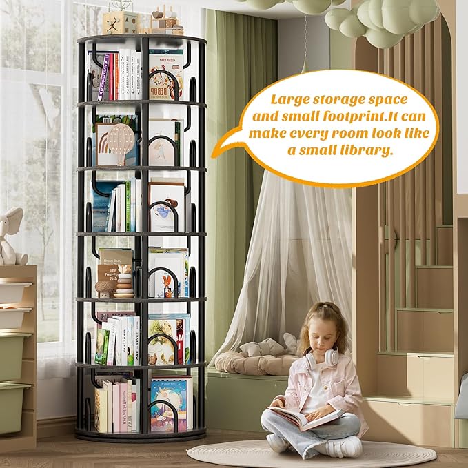 Aheaplus 6 Tier Rotating Bookshelf Tower, Revolving Bookcase, 360° Round Spinning Book Shelf, Narrow Swivel Bookshelves Vertical Turning Corner Bookshelf Organizer for Small Space, Black Oak