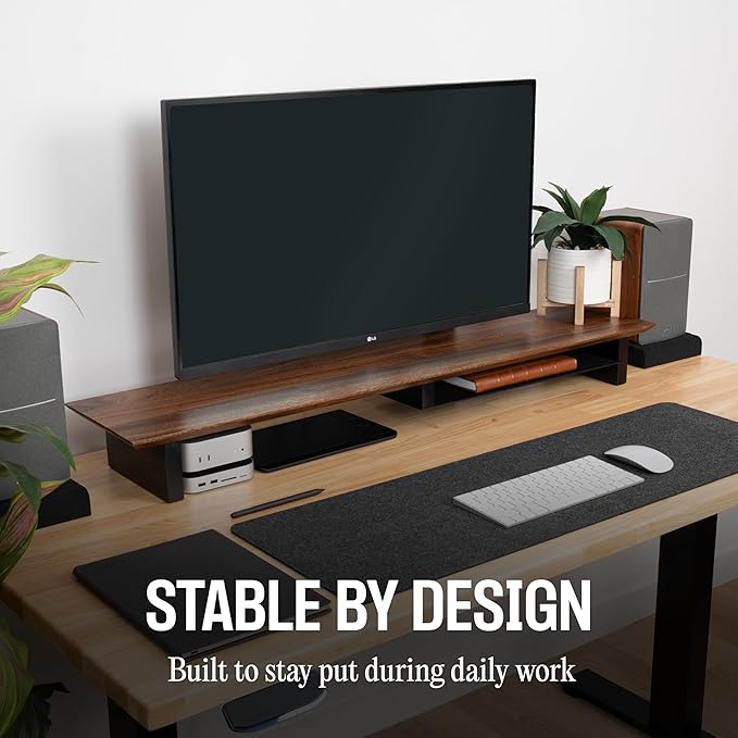 COREMINDED Solid Wood Dual Monitor Stand Riser – 43" Walnut Desk Shelf for 2 Monitors with Tray & Wool Felt, Organizer for Desktop, Laptop and Office (Walnut)