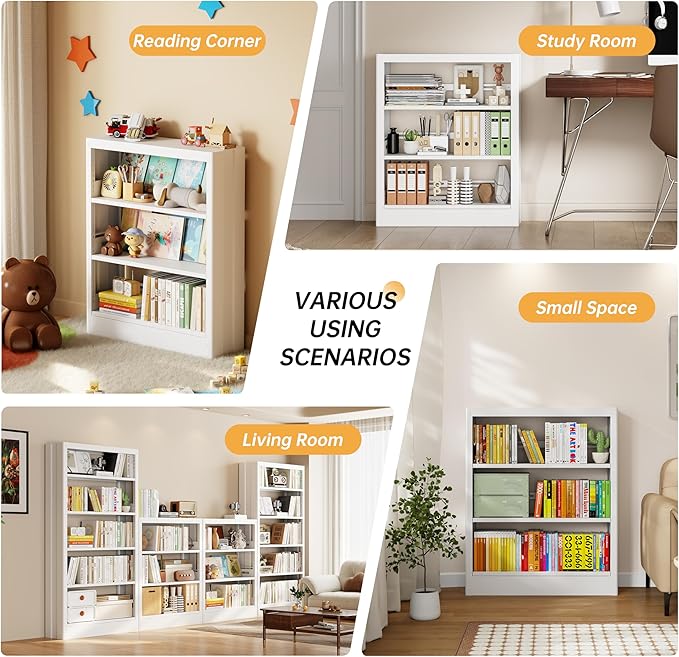 3-Tier Bookshelf with Adjustable Shelf, Metal Bookcase with Anti-Tip Kit & Book Stopper, 39.4" H Inch Small Bookcase for Living Room, Office, Small Spaces (White(3-Tier Bookshelf))