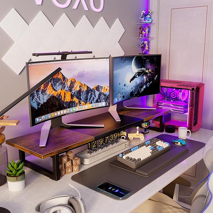 Simple Trending 38 Inch Dual Monitor Stand Riser, Wood and Steel Desktop Organizer for Home Office, Wood and Blck