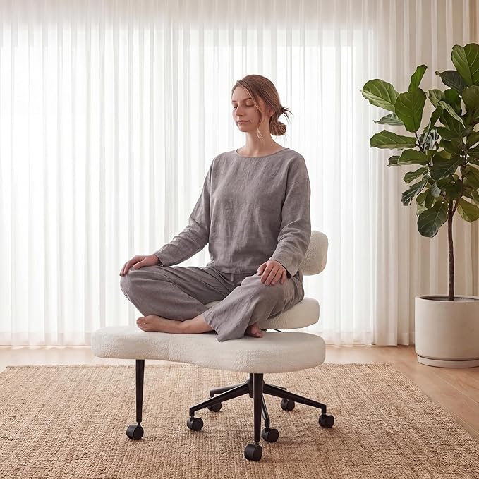 DUMOS Ergonomic ADHD Cross Legged Office Desk Chair with Adjustable Backrest, Height Adjustable Meditation Chair with 360° Swivel Footstool, Teddy Fabric Yoga Stool for Home Office, Bright White