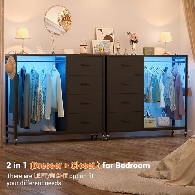 Cyclysio Dresser with Hanging Rack, 4 Fabric Drawers Dresser with Clothes Rack, Wooden Top Storage Chest of Drawers with Charging Station & LED Lights, Lockable Wheels, Closet