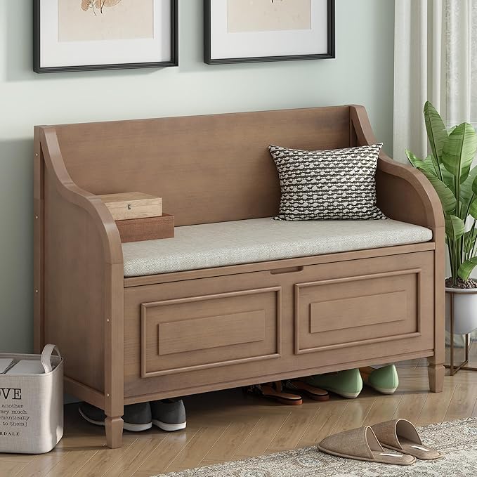 SOFTSEA 41.9" Storage Bench with Back, Entryway Shoe Bench with Cushion & Lift Top Storage, Rustic Shoe Storage Cabinet with Cushioned Seat for Entryway, Bedroom, Living Room (Brown)