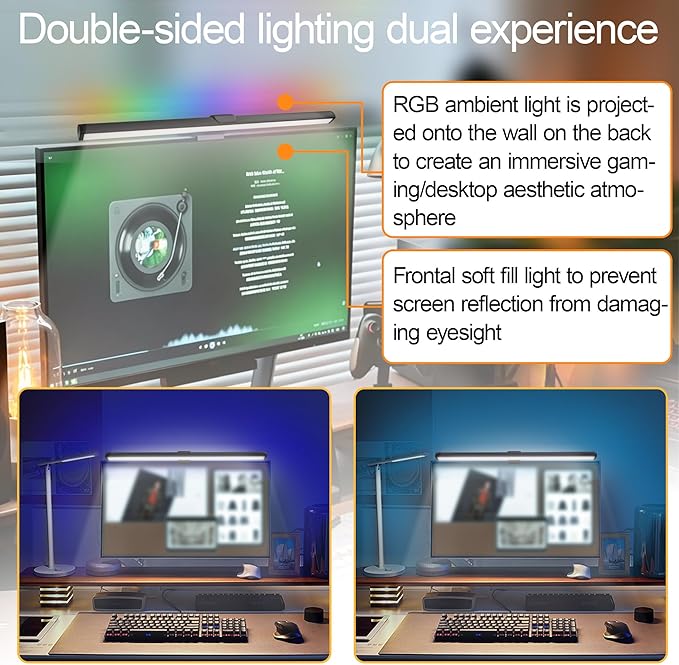 Dual-Sided Screen Light Bar, RGB Atmosphere Backlight & 3 Color Temperatures, Touch Control Non-Magnetic Lamp for Low-Light Eye Care