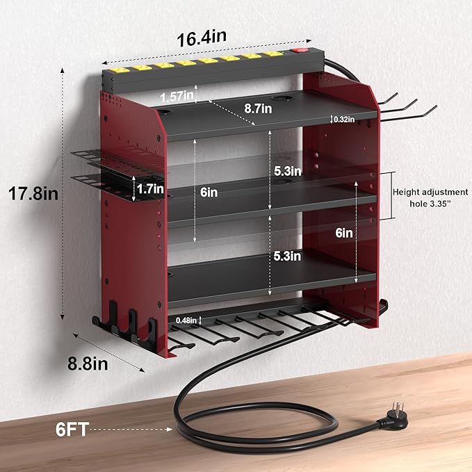 Power Tool Organizer Wall Mount wtih Charging Station,4 Drill Holder Wall Mount with 8 Outlet Power Strip,Heavy Duty Tool Rack with Hooks,Screwdriver Organizer in Garage(Dark Red,4 Layers)