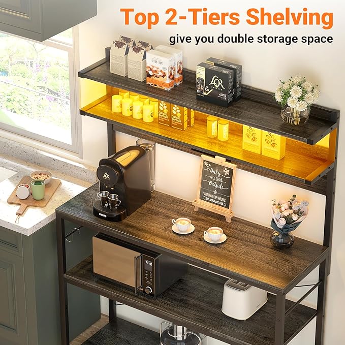 Aheaplus Bakers Rack with Power Outlet, Microwave Stand, 5 Tiers Coffee Bar Station with Led Lights, Kitchen Storage Shelf with 6 S-shaped Hooks, Kitchen Rack Coffee Bar Stand, Grey Oak