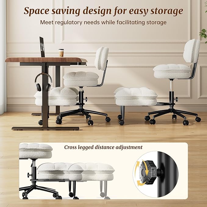 DurayLoly Ergonomic Office Chair, 360° Swivel Meditation Chair with Wheels, Height Adjustable Office Chair with Foot Rest for ADHD, Thicken Cushion & Backrest, Teddy Fabric, Off-White