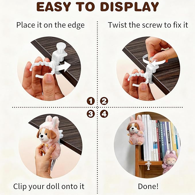 Floating Doll Holder compatible with POP MART Blind Box, Invisible Figure Display Clamp for Shelf Desk Edge, High-Resilience Resin S Type Fit 2-7" Small Dolls (4 Set, White) (Dolls Not Included)