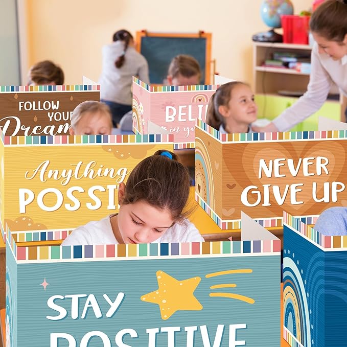 Affrolling 24 Pcs Inspirational Privacy Folders Bulk for Students Cardboard Privacy Boards Desk Divider Panel Waterproof Testing Divider for Classroom Back to School Study Supplies (Boho)