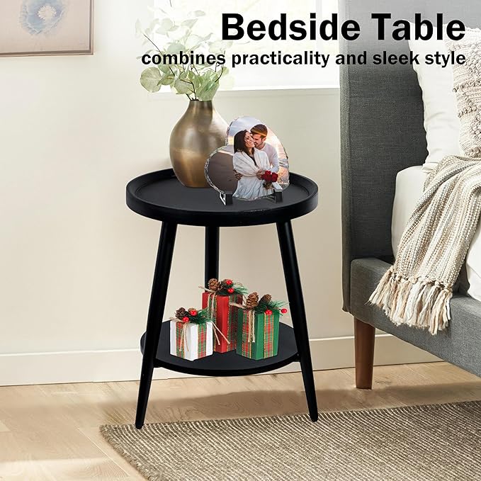 Black Side Table, Modern Side Table 2-Tier, Small Round End Table for Living Room, Metal Frames