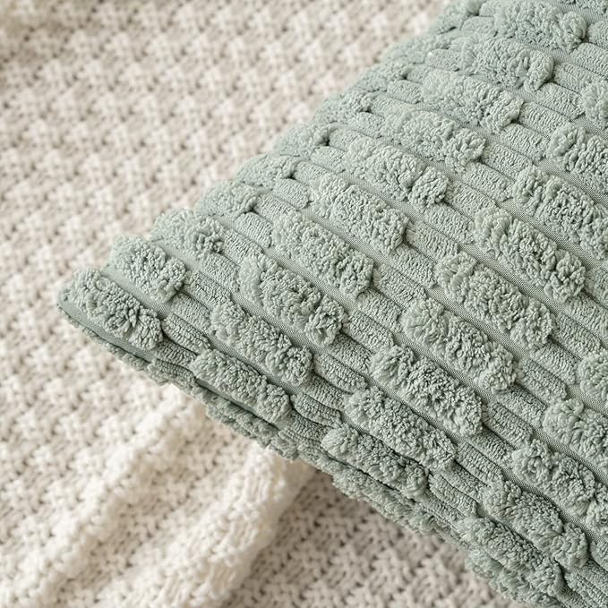 MIULEE Pack of 2 Spring Corduroy Decorative Throw Pillow Covers 18x18 Inch Soft Boho Striped Pillow Covers Modern Farmhouse Home Decor for Summer Sofa Living Room Couch Bed Greyish Green