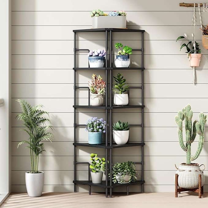 MAHANCRIS 52.8" Corner Shelf, 5-Tier Industrial Corner Bookshelf with Metal Frame, Small Plant Stand, Display Shelf for Living Room, Bedroom, Home Office, Small Spaces, Black CSBK5501