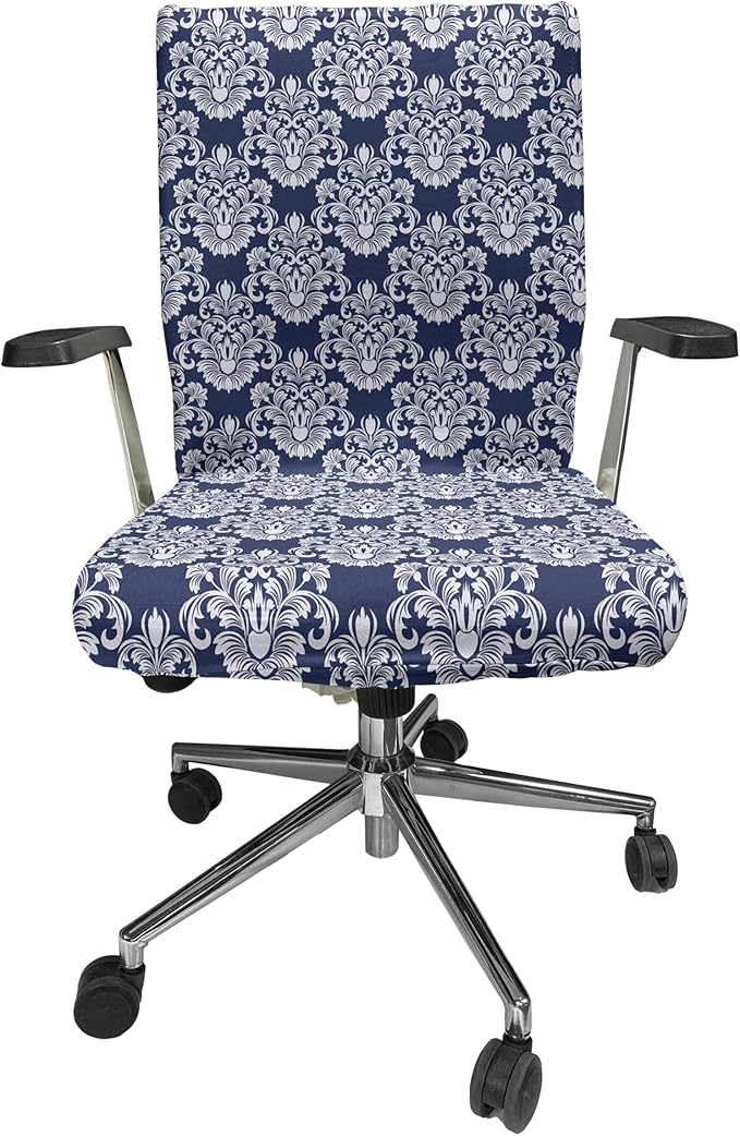 Ambesonne Damask Office Chair Cover, Abstract Floral Vintage Antique Victorian Design Renaissance Flourish Print, Stretchable Decorative Universal Size High Back Printed Slipcover, Dark Blue White