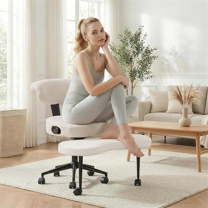 Ergonomic Kneeling Chair with Wheels, Cross Legged Office Chair with High Lumbar Support, 360° Swivel Meditation Chair for ADHD & Yoga, Wide Criss Cross Chair for Home