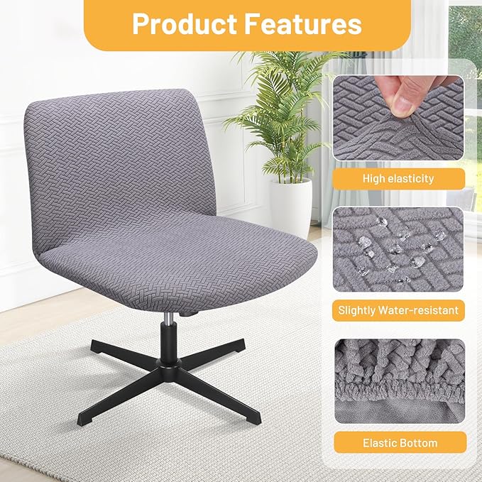 Criss Cross Chair Cover, Grey Armless Vanity Slipper Office Desk Computer Task Chair Cover, Wide Seat Swivel Cross Legged Chair Covers Slipcover for Living Room Bedroom（Only Covers, No Chairs）