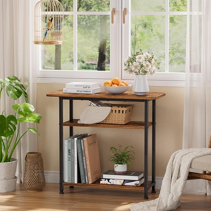 Simple Trending Narrow Side Table, 3-Tier End Table with Wide Storage Tabletop, Nightstand for Bedroom Living Room, Rustic Brown