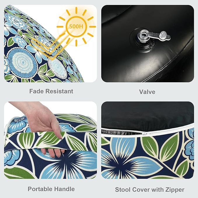 LVTXIII Inflatable Stool Ottoman Footrest with Handle, Decorative Fade-Resistant Foot Stool, Indoor or Outdoor Pouf for Home Garden and Camping Use, 21x21x9, Azure Botanical Symphony‌