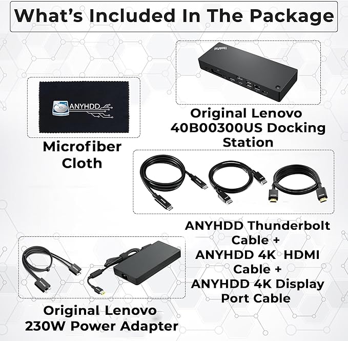 40B00300US Lenovo Docking Station USB C Bundle - 1 Year Warranty, Supports 4K Display, Thunderbolt 4 Dock with 300W Adapter, Anyhdd HDMI, DisplayPort, Thunderbolt Cables & Cloth