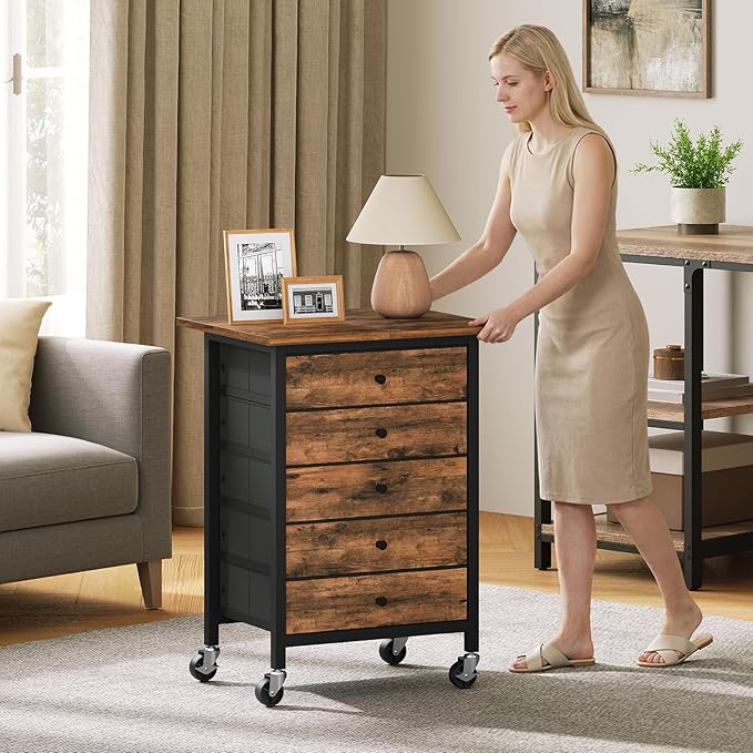 MAHANCRIS 5 Drawer File Cabinet,Rolling Filing Chest Cabinet with Wheels, Under Desk Storage Organizer, Printer Stand with Non-Woven Fabric Drawer, for Home Office, Study, Rustic Brown FCHR4801