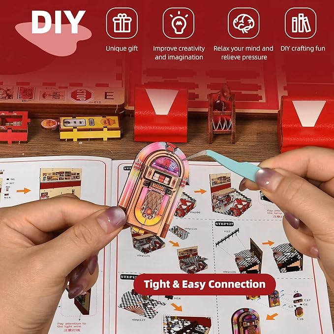 fifijoy Book Nook Kit - DIY Miniature House Dollhouse Kit for Adults and Teens, Booknook Retro Diner Bookshelf Decor 3D Wooden Puzzle with LED Light, Gifts for Family and Friends (1950s Diner)