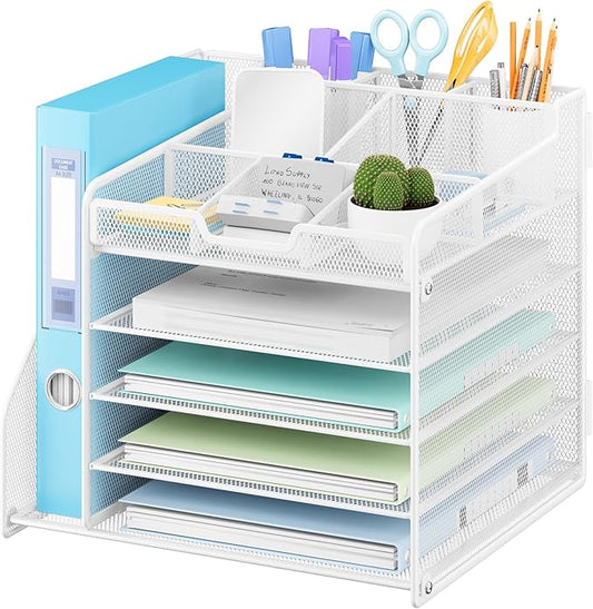 Lavatino Desk Organizer with File Holder, White 5-Tier Adjustable Paper Letter Tray for Office or Home Desk Organizers