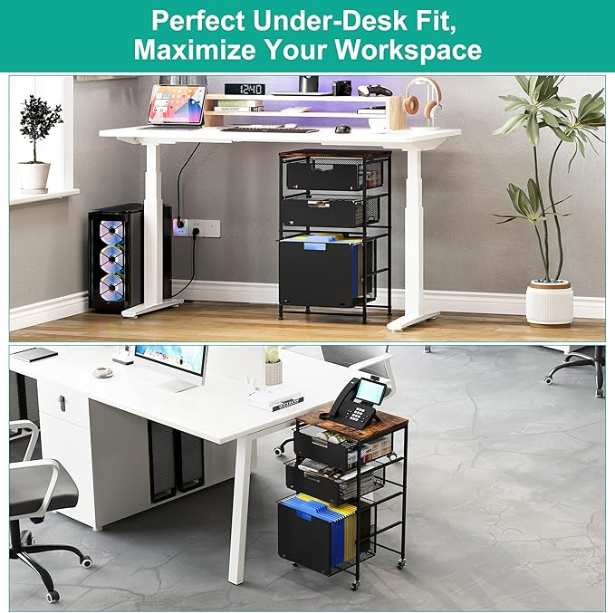 3-Drawer Storage Organizer, Under Desk Rolling File Cart with Lockable Wheels, Hanging File Folder Organizer for Letter Size, Utility Craft Cart Filing Cabinet for Home Office,Black