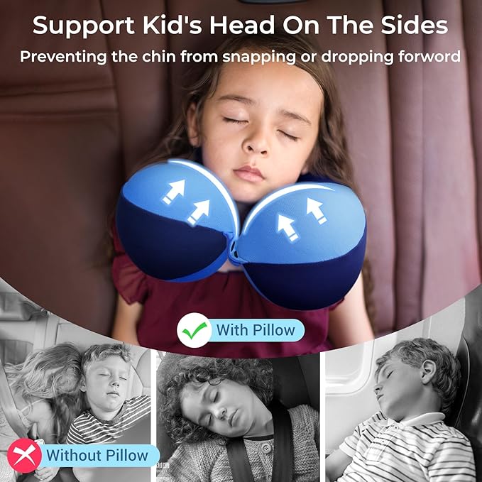 COOLBEBE Kids Travel Neck Pillow, 2PCS Softly Headrest Travel Pillow for Car & Airplane, Traveling Gifts for Toddler & Children (Black & Blue)