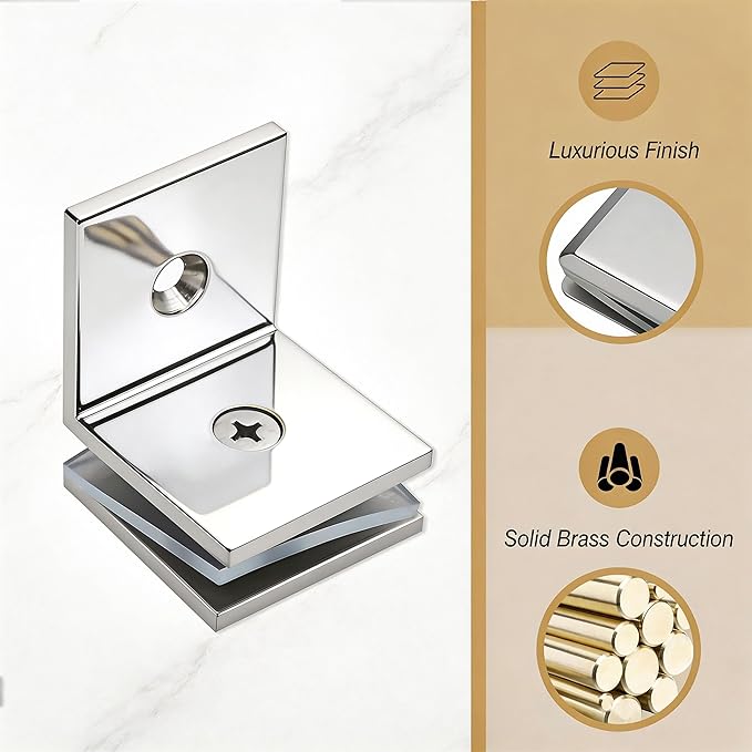 Brass Glass Clamp, for 5/16"–1/2" (8–12mm) Glass, Wall or Floor Mount Fixed Clips, Chrome Finish