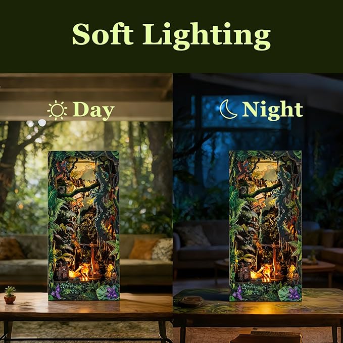fifijoy Jungle Adventure Book Nook Kit - DIY Miniature Dollhouse Booknook for Adults, 3D Wooden Puzzle Bookend Bookshelf Decor with LED Light and Sound Effects, Creative Gift for Family, Friends