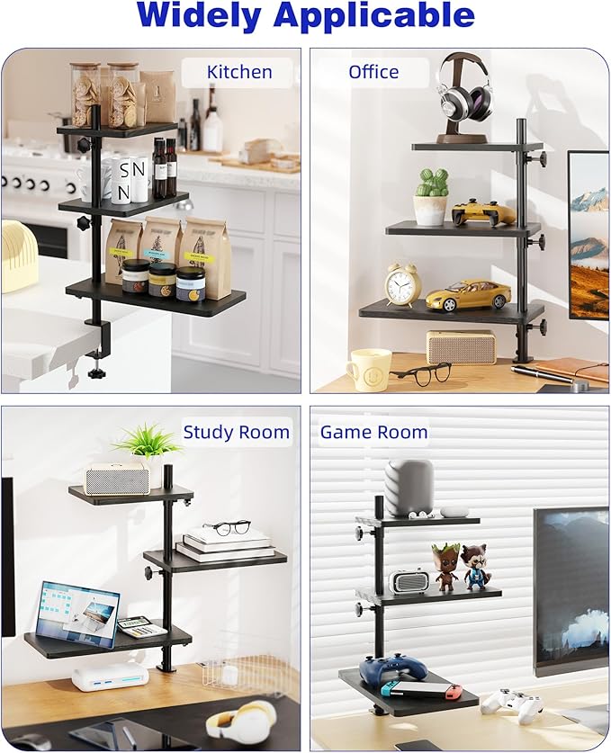3 Tiers Clamp On Desk Shelf, 360° Angle Adjustable Desktop Shelf Organizer for Home Office Gaming Room, No Drill Desk Extender Adapt to 0.4-2.16 inches Table Thick, Black Brown