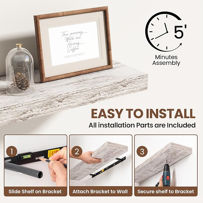 Acovy 24 Inch Floating Shelves for Wall 2 Pack, 24" Wall Shelves for Books, Storage, Decor, Wall Mounted Floating Shelf with Invisible Brackets for Kitchen, Living Room, Rustic