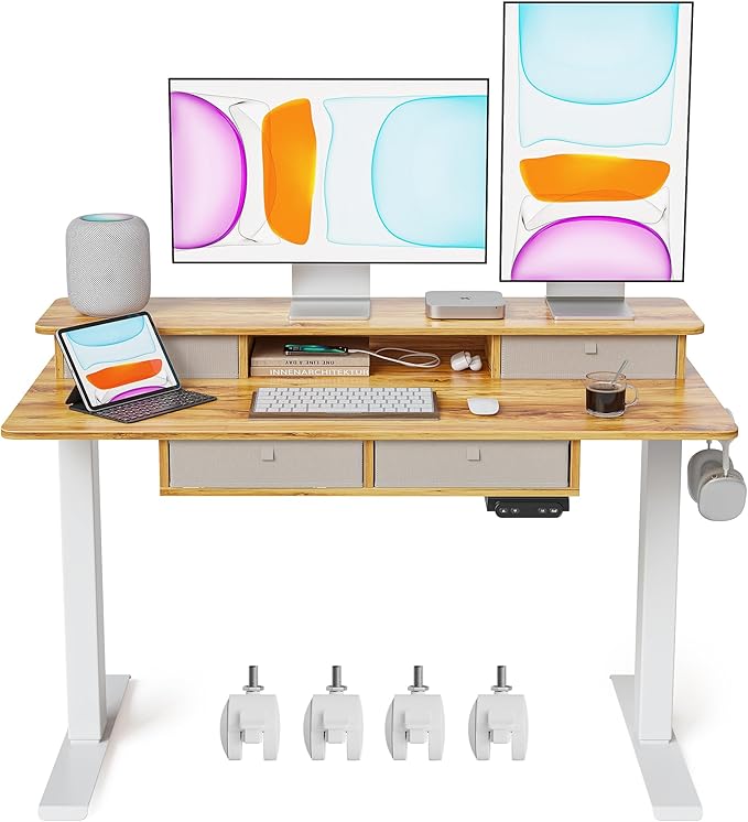 BANTI Height Adjustable Electric Standing Desk with 4 Drawers, 48 x 24 Inch Table with Storage Shelf, Sit Stand Desk, Light Rustic Brown Top
