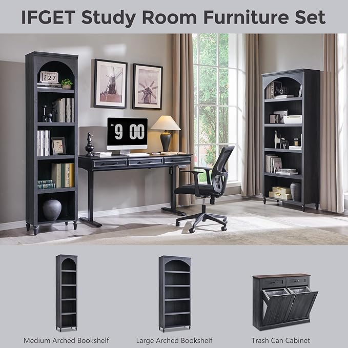 IFGET 76" Tall Arched Bookcase, Farmhouse 5 Tiers Narrow Arched Bookshelf Cabinet with Adjustable Shelves, Modern Wooden Book Shelf w/Storage and Open Display Shelves for Living Room, Office-Dark Grey