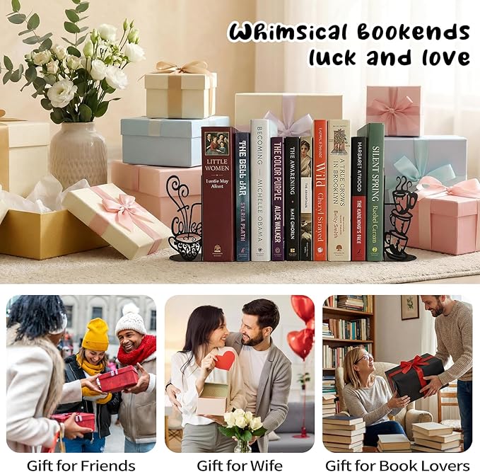 ENCIMART Metal Bookends Creative Coffee Bookends Decorative Cute Kitchen Book Ends for Shelves Bookshelf Home Office Desk Reading Decor Bookshelf Decor for Book Lovers Gift