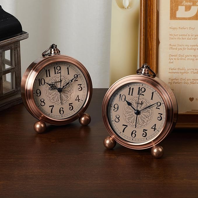 FLOITTUY 4.5" Battery Operated Antique Retro Analog Metal Alarm Clock, Silent Bedside Desk Clock, Wall-Hanging Vintage Clock(Vintage Bronze)