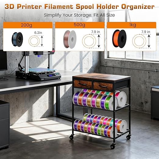 3D Printer Filament Storage Shelf with Drawers& Wheels, Heavy Duty 2-Tier 3D Printer Filament Metal Stand with Storage, Adjustable Filaments Organzied Rack for Workshop Studio Office, 4 Leveling Feet