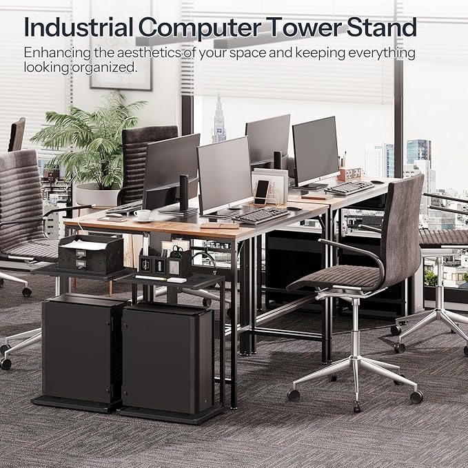 HOOBRO Computer Tower Stand, PC Stand with Charging Station, 2-Tier Under Desk CPU Holder with Lockable Wheels, PC Floor Cart Fits Most Computer Towers, for Home Office, Black BB01UCJ01G1