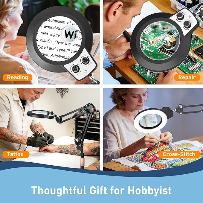 KIRKAS 30X 12X Magnifying Glass with Light and Stand, Stepless Brightness Color Modes & Adjustable Height Floor Magnifying Lamp, 2 in 1 Lighted Magnifier for Craft Reading Sewing Close Work- Black