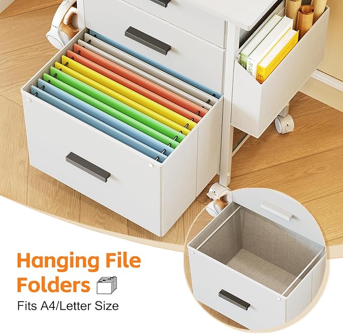 Mexin 3 Drawer File Cabinet with 24'' Extended Desktop, Mobile Filing Cabinet, Printer Stand, Rolling Printer Stand with Side Bag, Fabric Drawer, Fits A4 Size, Home Office, White