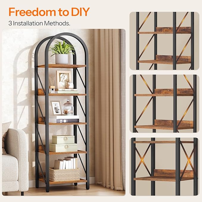 HOOBRO Bookshelf, 5-Tier Arched Bookshelf, Industrial Bookcase with Metal Frame, Tall Book Shelf Storage Organizer for Living Room, Office, Bedroom, Rustic Brown and Black BF425SJ01