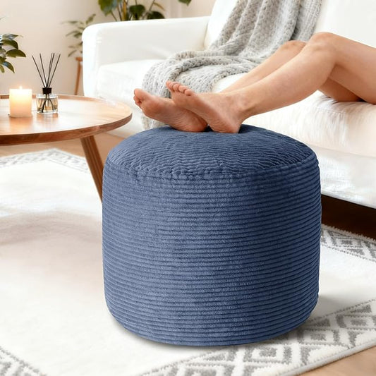 26" x 26" x 18" Pouf Ottoman Foot Rest, Pre-Stuffed Round Foot Stool with Odorless Shredded Memory Foam, Furry & Fluffy Corduroy Footrest for Living Room, Navy