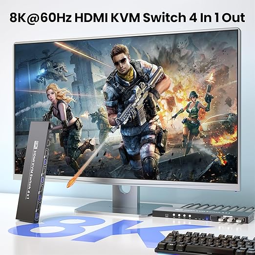 4 Port HDMI KVM Switch 1 Monitor 4 Computers, 8K60Hz 4K120Hz USB 3.0 KVM Switch, Control 4 PCs with 1 Monitor, Keyboard and Mouse