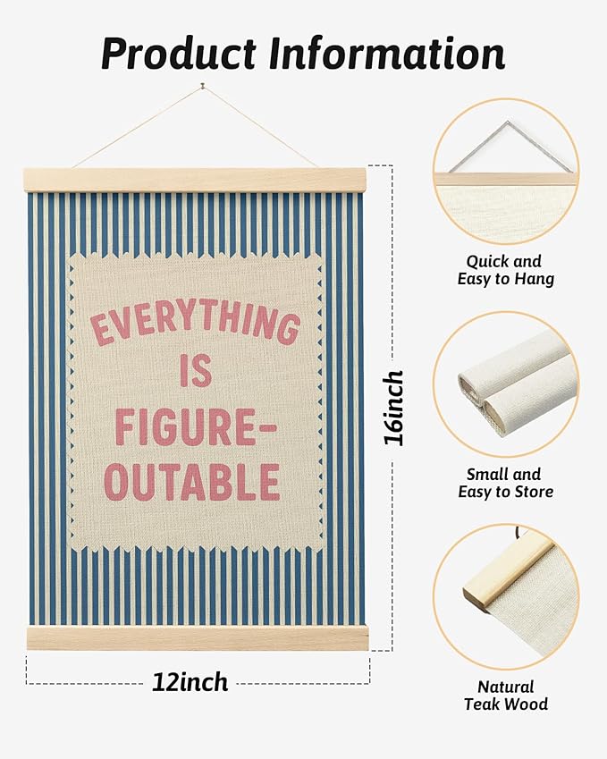 FGFK Everything Is Figureoutable Inspirational Wall Art Poster Hanger Frame, Retro Pink and Blue Positive Affirmations Canvas Prints Framed Wall Decor for Home Classroom Office, 12x16 Inch