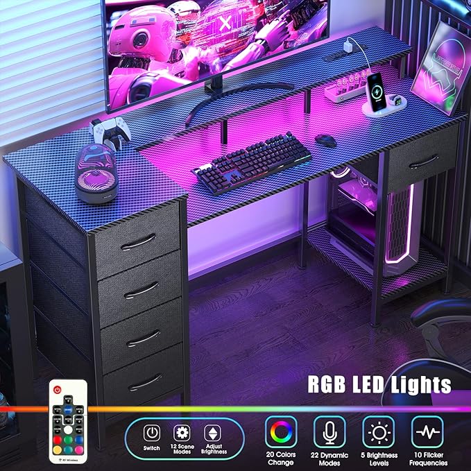 Korfile 47 Inch Computer Gaming Desk with Power Outlets & LED Lights Reversible Home Office Desk with Adjustable 5 Fabric Storage Drawers for Working Writing Study, Carbon Fiber Black