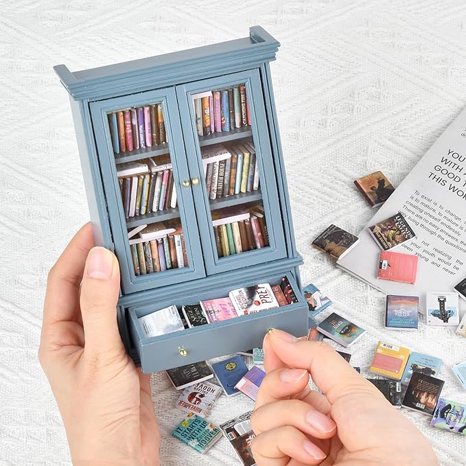 Anxiety Bookshelves, Anxiety Bookshelf, Handcrafted Mini Bookshelf with 100+ Unique Miniature Books, Small Anxiety Bookshelves Miniature Library, for Book Lovers, Blue