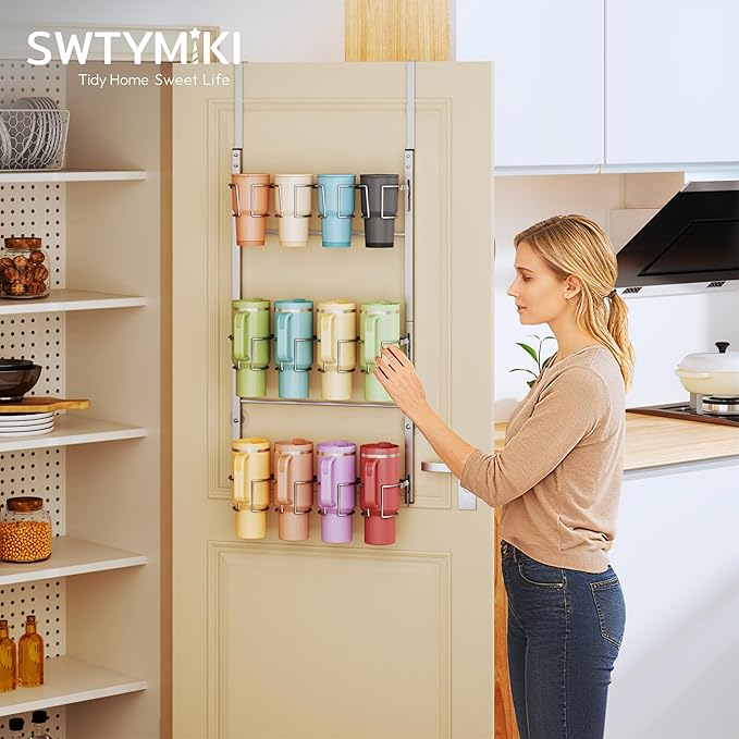 SWTYMIKI 3-Tier Water Bottle Organizer – Over the Door Stanley Cup Holder, Cup Organizer for Door or Wall Mount Option, Stanley Accessories for Pantry, Dorm, Office, RV Use, Silver