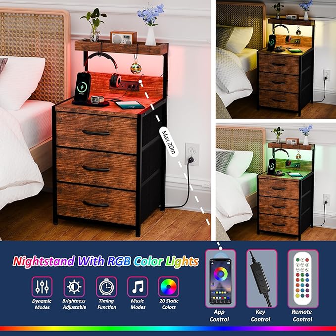SZLHANJZ Nightstands Set of 2, End Table with LED Light and Charging Station Type C, 3 Drawers Storage Night Stand with Hooks, Tall Bed Side Table for Bedroom Dorm, Rustic Brown