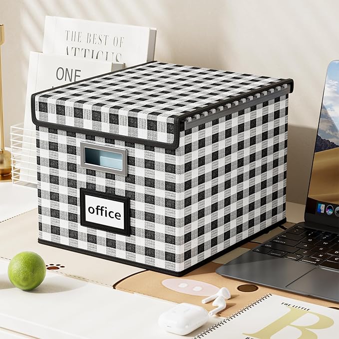 File Organizer Box with Lid, Collapsible File Folder Organizer for Office Document Storage, Filing Box with Plastic Slide for Letter Size Hanging File Folders(1 Pack, Black & White Lattice)